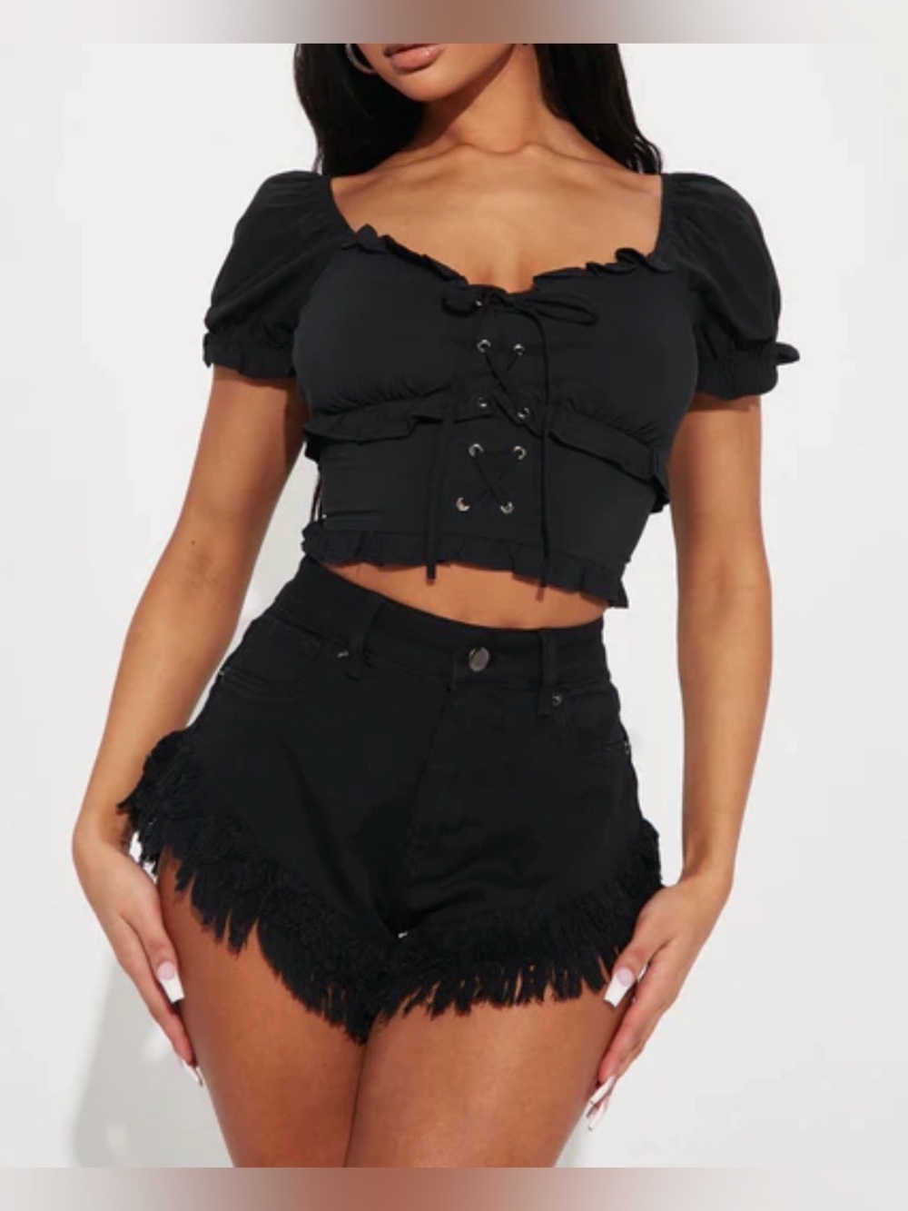 🆕Story On Lace Up Short Puff Sleeves Black Top M🆕